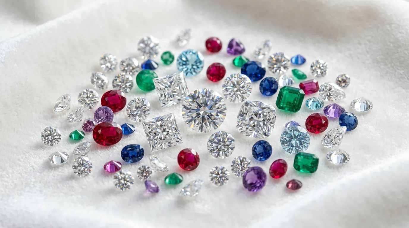 Loose diamonds and precious gemstones on white velvet surface, professional gemology lighting, brilliant sparkle